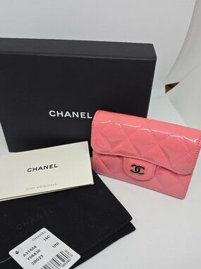 CHANEL - Classic Trifold Flap Wallet - Quilted Patent Small Pink $700